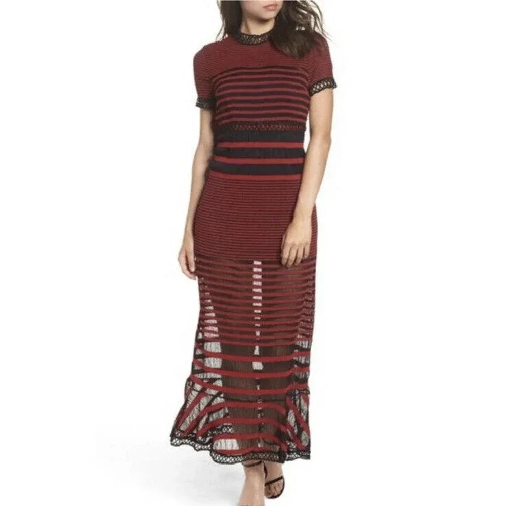 NWT Foxiedox Cassius Striped Crochet Maxi Dress Women's Size L Red Black